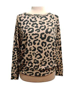 Buffalo David Bitton size L Leopard Print Cozy Knit Top Boat Neck Relaxed Chic